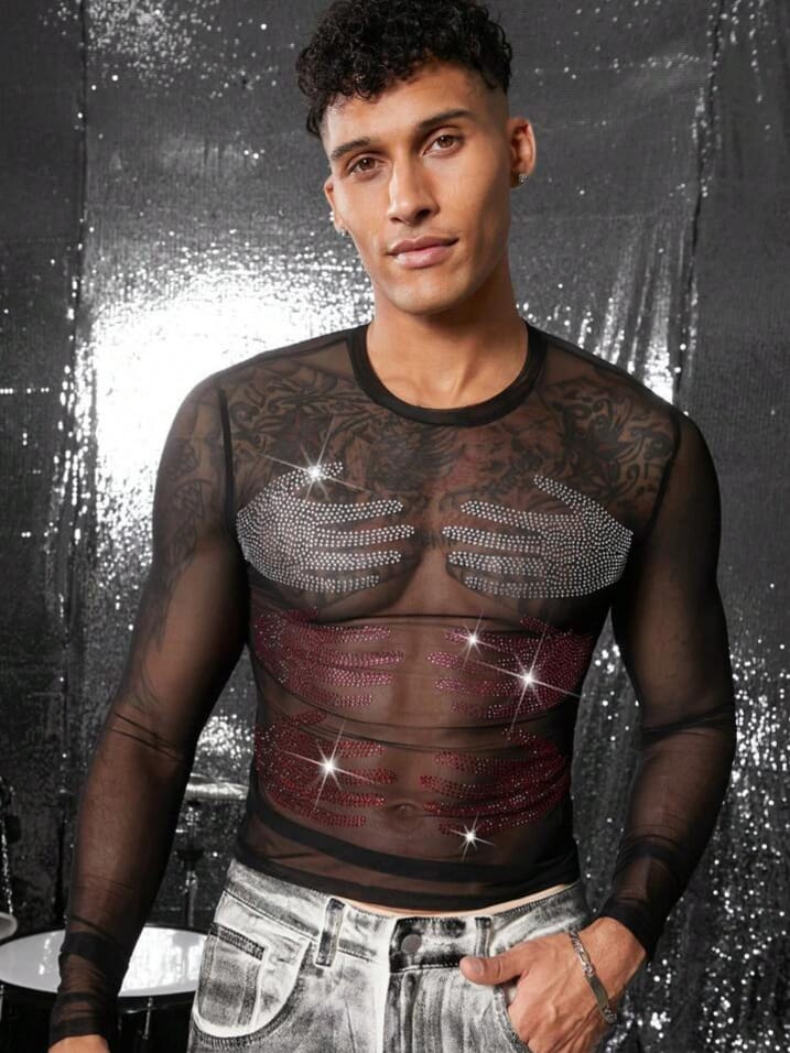 Bonga Boys Sequin Embellished Sheer Sexy Cropped Long Sleeve Round Neck Men T-Shirt